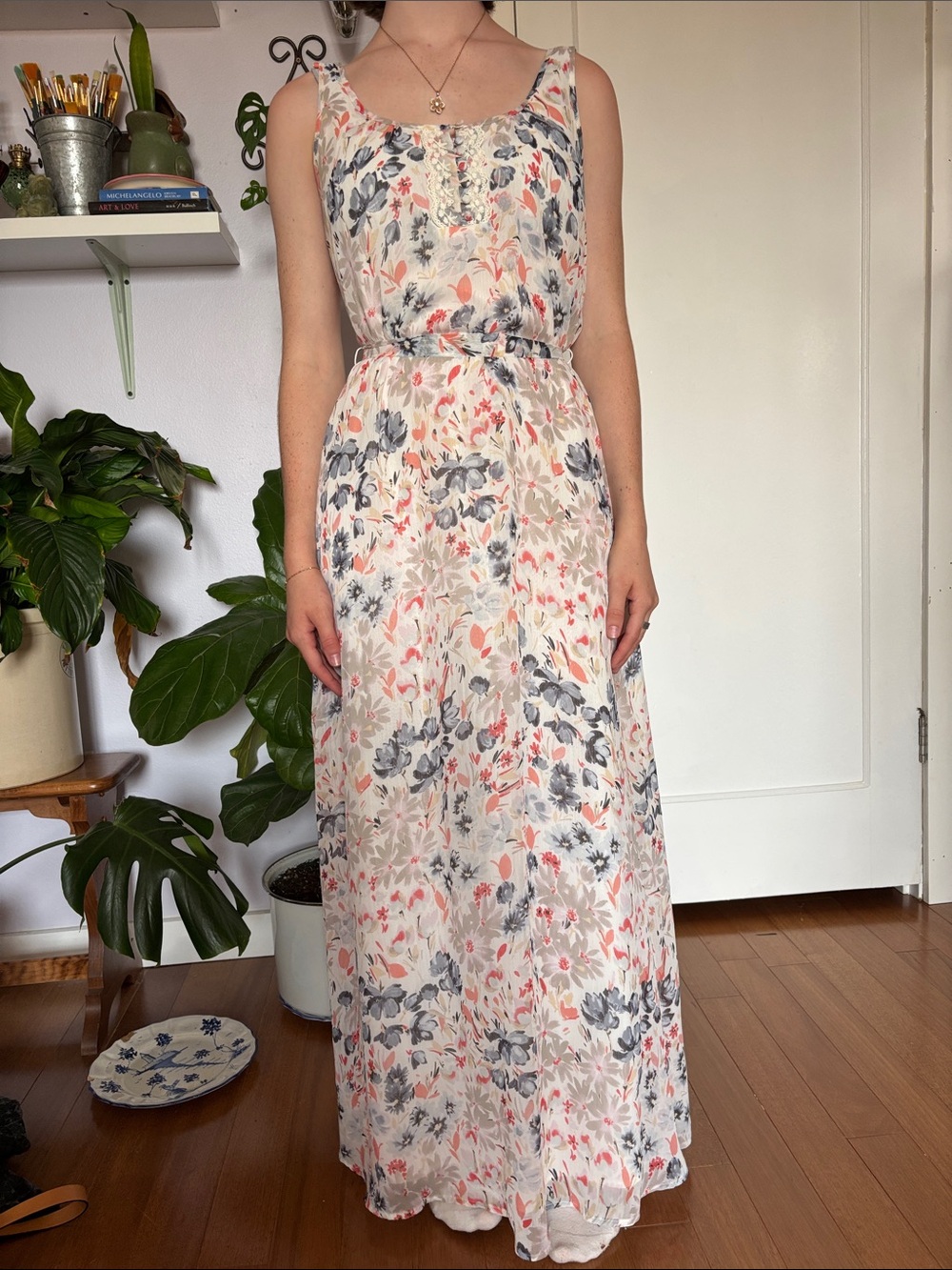 LC Lauren Conrad Cream Maxi Dress with Coral and Gray Floral Print